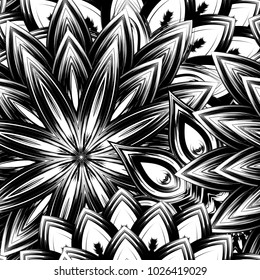 Seamless floral background. Tracery handmade nature ethnic fabric backdrop pattern with saturated dark flowers. Textile design texture. Decorative binary monochrome black and white art. Vector