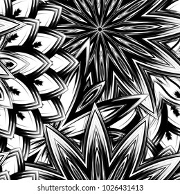 Seamless floral background. Tracery handmade nature ethnic fabric backdrop pattern with saturated dark flowers. Textile design texture. Decorative binary monochrome black and white art. Vector