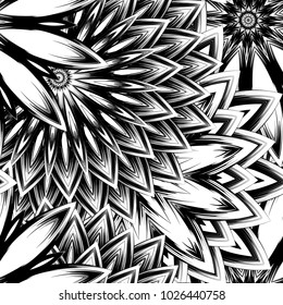 Seamless floral background. Tracery handmade nature ethnic fabric backdrop pattern with saturated dark flowers. Textile design texture. Decorative binary monochrome black and white art. Vector