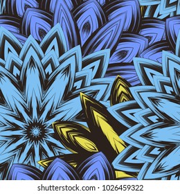 Seamless floral background. Tracery handmade nature ethnic fabric backdrop pattern with flowers. Textile design texture. Decorative color art. Vector