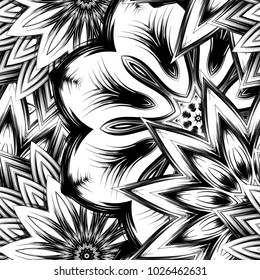 Seamless floral background. Tracery handmade nature ethnic fabric backdrop pattern with saturated dark flowers. Textile design texture. Decorative binary monochrome black and white art. Vector