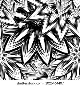 Seamless floral background. Tracery handmade nature ethnic fabric backdrop pattern with saturated dark flowers. Textile design texture. Decorative binary monochrome black and white art. Vector