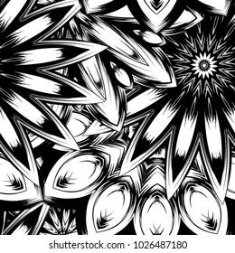 Seamless floral background. Tracery handmade nature ethnic fabric backdrop pattern with saturated dark flowers. Textile design texture. Decorative binary monochrome black and white art. Vector
