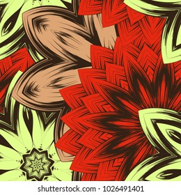 Seamless floral background. Tracery handmade nature ethnic fabric backdrop pattern with flowers. Textile design texture. Decorative color art. Vector
