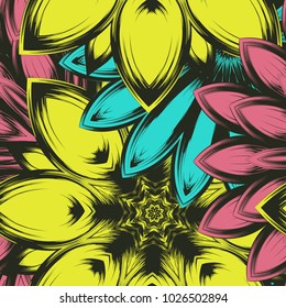 Seamless floral background. Tracery handmade nature ethnic fabric backdrop pattern with flowers. Textile design texture. Decorative color art. Vector