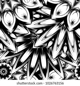 Seamless floral background. Tracery handmade nature ethnic fabric backdrop pattern with saturated dark flowers. Textile design texture. Decorative binary monochrome black and white art. Vector