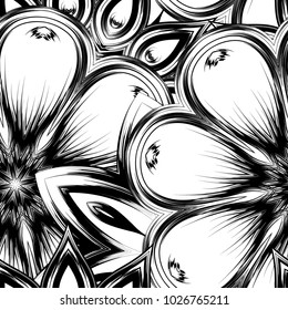 Seamless floral background. Tracery handmade nature ethnic fabric backdrop pattern with saturated dark flowers. Textile design texture. Decorative binary monochrome black and white art. Vector