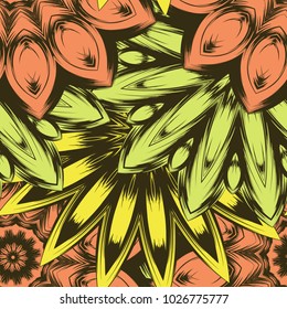 Seamless floral background. Tracery handmade nature ethnic fabric backdrop pattern with flowers. Textile design texture. Decorative color art. Vector