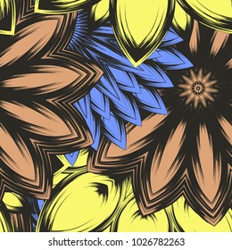 Seamless floral background. Tracery handmade nature ethnic fabric backdrop pattern with flowers. Textile design texture. Decorative color art. Vector