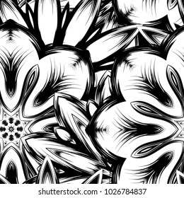 Seamless floral background. Tracery handmade nature ethnic fabric backdrop pattern with saturated dark flowers. Textile design texture. Decorative binary monochrome black and white art. Vector
