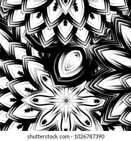 Seamless floral background. Tracery handmade nature ethnic fabric backdrop pattern with saturated dark flowers. Textile design texture. Decorative binary monochrome black and white art. Vector