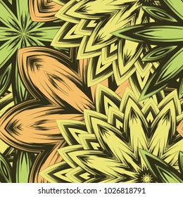 Seamless floral background. Tracery handmade nature ethnic fabric backdrop pattern with flowers. Textile design texture. Decorative color art. Vector