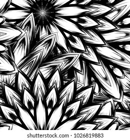 Seamless floral background. Tracery handmade nature ethnic fabric backdrop pattern with saturated dark flowers. Textile design texture. Decorative binary monochrome black and white art. Vector