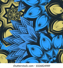 Seamless floral background. Tracery handmade nature ethnic fabric backdrop pattern with flowers. Textile design texture. Decorative color art. Vector