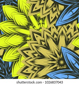Seamless floral background. Tracery handmade nature ethnic fabric backdrop pattern with flowers. Textile design texture. Decorative color art. Vector