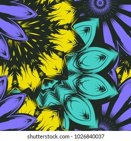 Seamless floral background. Tracery handmade nature ethnic fabric backdrop pattern with flowers. Textile design texture. Decorative color art. Vector