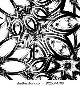 Seamless floral background. Tracery handmade nature ethnic fabric backdrop pattern with saturated dark flowers. Textile design texture. Decorative binary monochrome black and white art. Vector
