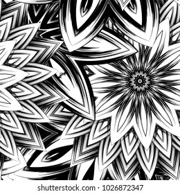 Seamless floral background. Tracery handmade nature ethnic fabric backdrop pattern with saturated dark flowers. Textile design texture. Decorative binary monochrome black and white art. Vector