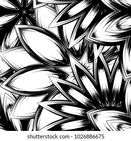 Seamless floral background. Tracery handmade nature ethnic fabric backdrop pattern with saturated dark flowers. Textile design texture. Decorative binary monochrome black and white art. Vector