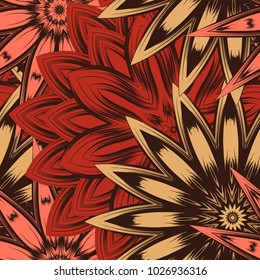 Seamless floral background. Tracery handmade nature ethnic fabric backdrop pattern with flowers. Textile design texture. Decorative color art. Vector