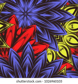 Seamless floral background. Tracery handmade nature ethnic fabric backdrop pattern with flowers. Textile design texture. Decorative color art. Vector