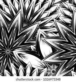 Seamless floral background. Tracery handmade nature ethnic fabric backdrop pattern with saturated dark flowers. Textile design texture. Decorative binary monochrome black and white art. Vector