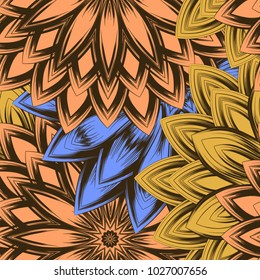 Seamless floral background. Tracery handmade nature ethnic fabric backdrop pattern with flowers. Textile design texture. Decorative color art. Vector