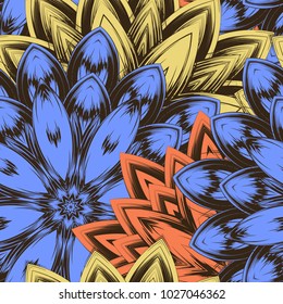 Seamless floral background. Tracery handmade nature ethnic fabric backdrop pattern with flowers. Textile design texture. Decorative color art. Vector