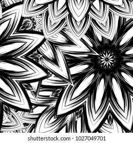 Seamless floral background. Tracery handmade nature ethnic fabric backdrop pattern with saturated dark flowers. Textile design texture. Decorative binary monochrome black and white art. Vector