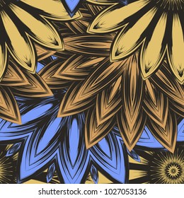 Seamless floral background. Tracery handmade nature ethnic fabric backdrop pattern with flowers. Textile design texture. Decorative color art. Vector