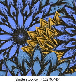 Seamless floral background. Tracery handmade nature ethnic fabric backdrop pattern with flowers. Textile design texture. Decorative color art. Vector