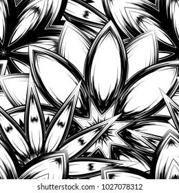 Seamless floral background. Tracery handmade nature ethnic fabric backdrop pattern with saturated dark flowers. Textile design texture. Decorative binary monochrome black and white art. Vector