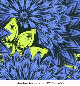 Seamless floral background. Tracery handmade nature ethnic fabric backdrop pattern with flowers. Textile design texture. Decorative color art. Vector