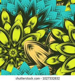 Seamless floral background. Tracery handmade nature ethnic fabric backdrop pattern with flowers. Textile design texture. Decorative color art. Vector