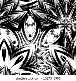 Seamless floral background. Tracery handmade nature ethnic fabric backdrop pattern with saturated dark flowers. Textile design texture. Decorative binary monochrome black and white art. Vector