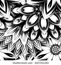 Seamless floral background. Tracery handmade nature ethnic fabric backdrop pattern with saturated dark flowers. Textile design texture. Decorative binary monochrome black and white art. Vector