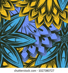 Seamless floral background. Tracery handmade nature ethnic fabric backdrop pattern with flowers. Textile design texture. Decorative color art. Vector