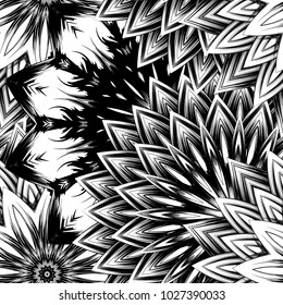 Seamless floral background. Tracery handmade nature ethnic fabric backdrop pattern with saturated dark flowers. Textile design texture. Decorative binary monochrome black and white art. Vector