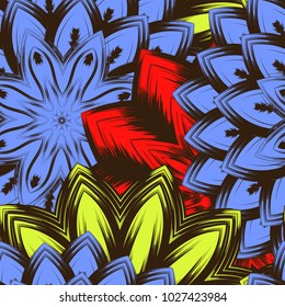 Seamless floral background. Tracery handmade nature ethnic fabric backdrop pattern with flowers. Textile design texture. Decorative color art. Vector