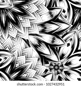 Seamless floral background. Tracery handmade nature ethnic fabric backdrop pattern with saturated dark flowers. Textile design texture. Decorative binary monochrome black and white art. Vector