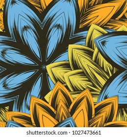 Seamless floral background. Tracery handmade nature ethnic fabric backdrop pattern with flowers. Textile design texture. Decorative color art. Vector