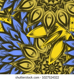 Seamless floral background. Tracery handmade nature ethnic fabric backdrop pattern with flowers. Textile design texture. Decorative color art. Vector