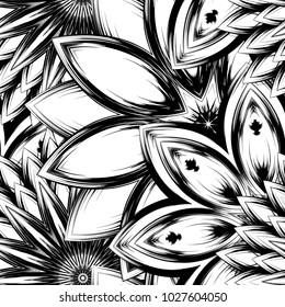 Seamless floral background. Tracery handmade nature ethnic fabric backdrop pattern with saturated dark flowers. Textile design texture. Decorative binary monochrome black and white art. Vector