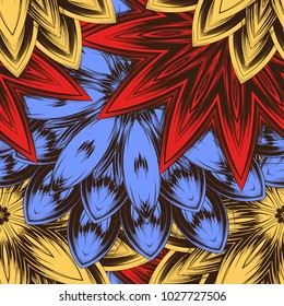Seamless floral background. Tracery handmade nature ethnic fabric backdrop pattern with flowers. Textile design texture. Decorative color art. Vector