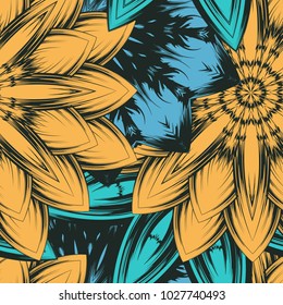 Seamless floral background. Tracery handmade nature ethnic fabric backdrop pattern with flowers. Textile design texture. Decorative color art. Vector