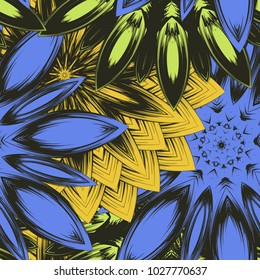 Seamless floral background. Tracery handmade nature ethnic fabric backdrop pattern with flowers. Textile design texture. Decorative color art. Vector