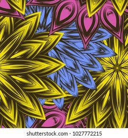 Seamless floral background. Tracery handmade nature ethnic fabric backdrop pattern with flowers. Textile design texture. Decorative color art. Vector