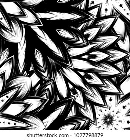 Seamless floral background. Tracery handmade nature ethnic fabric backdrop pattern with saturated dark flowers. Textile design texture. Decorative binary monochrome black and white art. Vector