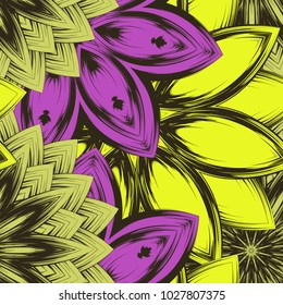 Seamless floral background. Tracery handmade nature ethnic fabric backdrop pattern with flowers. Textile design texture. Decorative color art. Vector