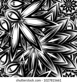 Seamless floral background. Tracery handmade nature ethnic fabric backdrop pattern with saturated dark flowers. Textile design texture. Decorative binary monochrome black and white art. Vector